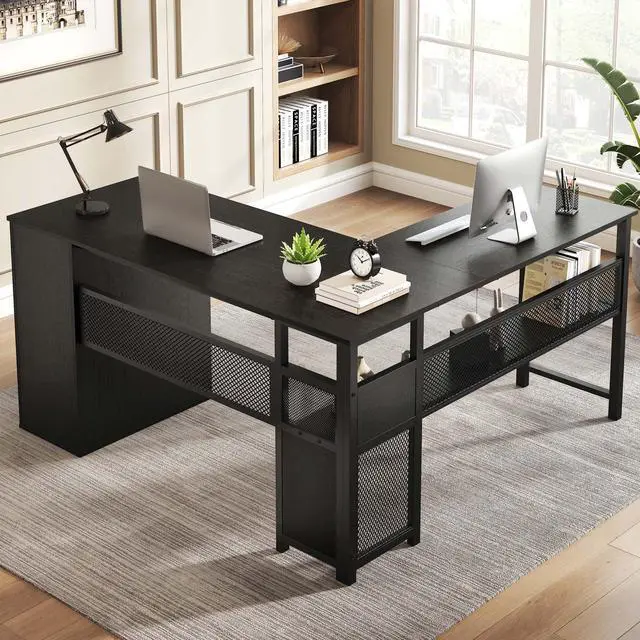 Main image of Black L Shaped Desk, Reversible Computer Office Desk with Drawers, Modern Large L Shape Gaming Desk Table with File Cabinets, Wood Executive Corner Desk with Storage Shelf for Bedroom, 59 Inch
