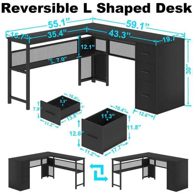 Alt view image 2 of 6 - Black L Shaped Desk, Reversible Computer Office Desk with Drawers, Modern Large L Shape Gaming Desk Table with File Cabinets, Wood Executive Corner Desk with Storage Shelf for Bedroom, 59 Inch