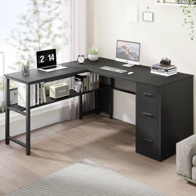 Alt view image 3 of 6 - Black L Shaped Desk, Reversible Computer Office Desk with Drawers, Modern Large L Shape Gaming Desk Table with File Cabinets, Wood Executive Corner Desk with Storage Shelf for Bedroom, 59 Inch