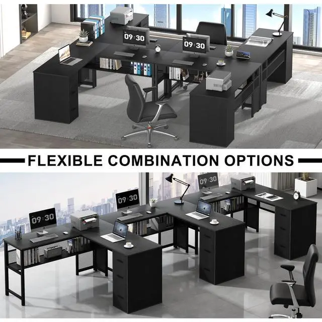 Alt view image 4 of 6 - Black L Shaped Desk, Reversible Computer Office Desk with Drawers, Modern Large L Shape Gaming Desk Table with File Cabinets, Wood Executive Corner Desk with Storage Shelf for Bedroom, 59 Inch