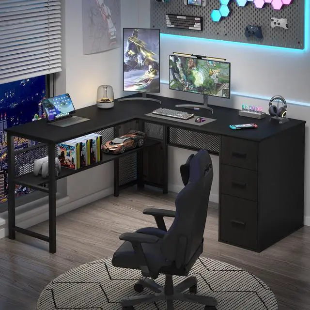 Alt view image 5 of 6 - Black L Shaped Desk, Reversible Computer Office Desk with Drawers, Modern Large L Shape Gaming Desk Table with File Cabinets, Wood Executive Corner Desk with Storage Shelf for Bedroom, 59 Inch