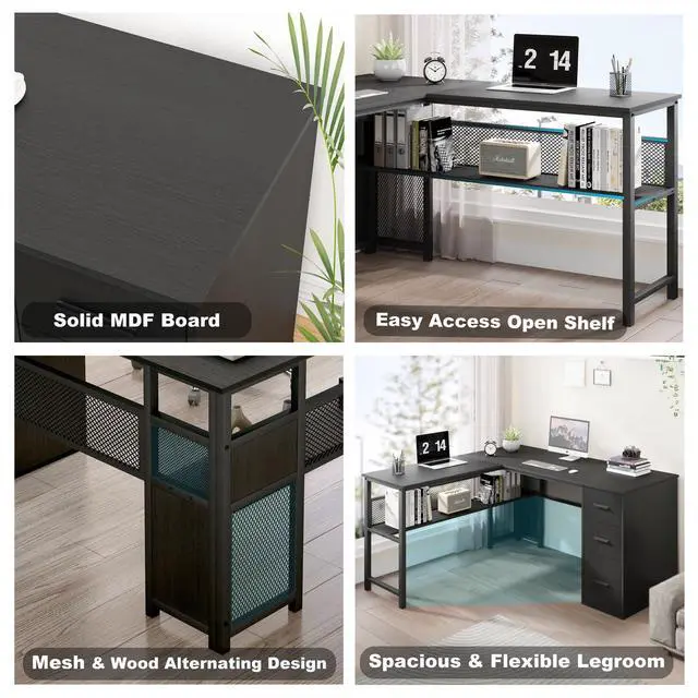 Alt view image 6 of 6 - Black L Shaped Desk, Reversible Computer Office Desk with Drawers, Modern Large L Shape Gaming Desk Table with File Cabinets, Wood Executive Corner Desk with Storage Shelf for Bedroom, 59 Inch