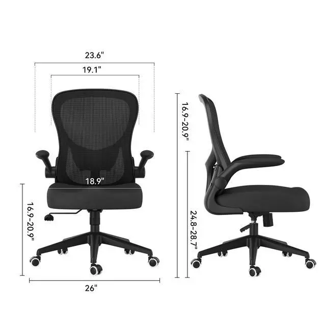Alt view image 2 of 6 - Office Chair Ergonomic Desk Chair, Office Chairs with PU Silent Wheels, Breathable Mesh Computer Chair with Adjustable Lumbar Support, Flip-up Armrests, Tilt Function, Black