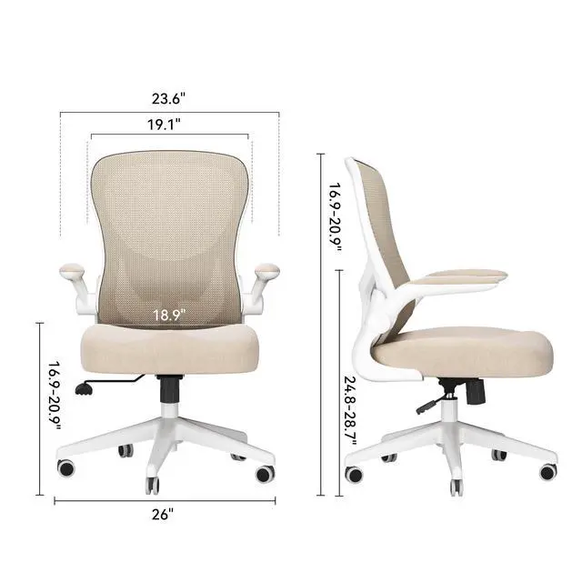Alt view image 2 of 6 - Office Chair Ergonomic Desk Chair, Office Desk Chairs with PU Silent Wheels, Breathable Mesh Computer Chair with Adjustable Lumbar Support, Flip-up Armrests, Tilt Function, Grey