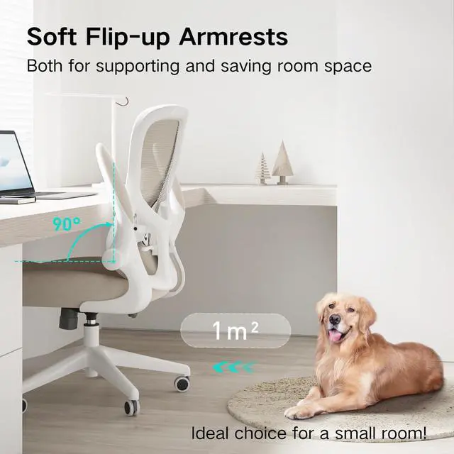 Alt view image 4 of 6 - Office Chair Ergonomic Desk Chair, Office Desk Chairs with PU Silent Wheels, Breathable Mesh Computer Chair with Adjustable Lumbar Support, Flip-up Armrests, Tilt Function, Grey