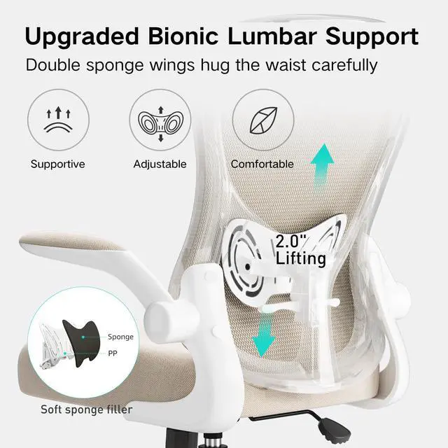 Alt view image 5 of 6 - Office Chair Ergonomic Desk Chair, Office Desk Chairs with PU Silent Wheels, Breathable Mesh Computer Chair with Adjustable Lumbar Support, Flip-up Armrests, Tilt Function, Grey
