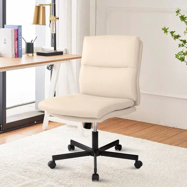 Main image of Armless Office Desk Chair with Wheels, Mid-Back Criss Cross Swivel Task Chair, Height Adjustable Cushioned Vanity Chair, Double Padded PU Leather Chair for Home, Office & Bedroom, Beige White