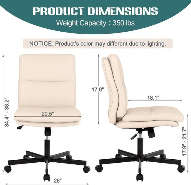 Alt view image 2 of 6 - Armless Office Desk Chair with Wheels, Mid-Back Criss Cross Swivel Task Chair, Height Adjustable Cushioned Vanity Chair, Double Padded PU Leather Chair for Home, Office & Bedroom, Beige White