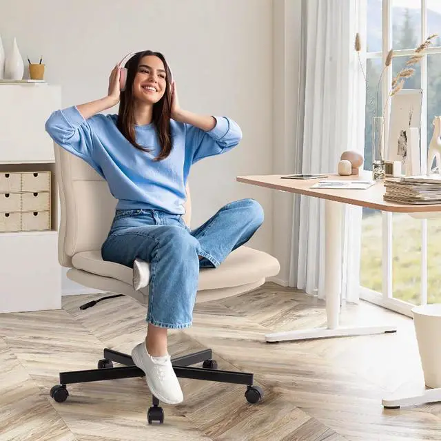 Alt view image 3 of 6 - Armless Office Desk Chair with Wheels, Mid-Back Criss Cross Swivel Task Chair, Height Adjustable Cushioned Vanity Chair, Double Padded PU Leather Chair for Home, Office & Bedroom, Beige White