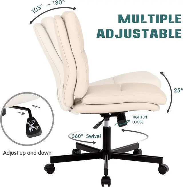 Alt view image 4 of 6 - Armless Office Desk Chair with Wheels, Mid-Back Criss Cross Swivel Task Chair, Height Adjustable Cushioned Vanity Chair, Double Padded PU Leather Chair for Home, Office & Bedroom, Beige White