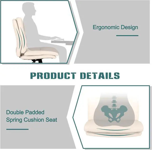 Alt view image 5 of 6 - Armless Office Desk Chair with Wheels, Mid-Back Criss Cross Swivel Task Chair, Height Adjustable Cushioned Vanity Chair, Double Padded PU Leather Chair for Home, Office & Bedroom, Beige White