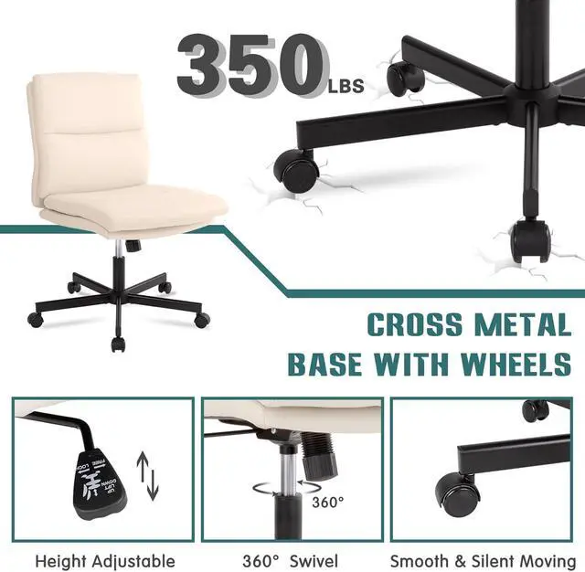 Alt view image 6 of 6 - Armless Office Desk Chair with Wheels, Mid-Back Criss Cross Swivel Task Chair, Height Adjustable Cushioned Vanity Chair, Double Padded PU Leather Chair for Home, Office & Bedroom, Beige White