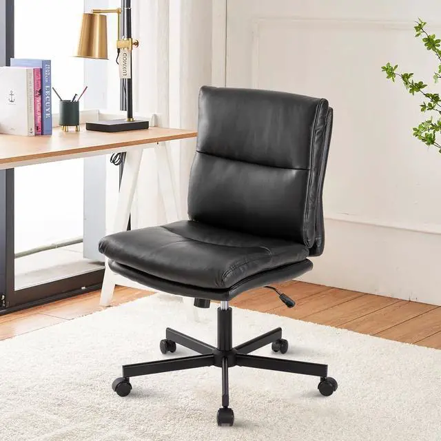 Main image of Armless Office Desk Chair with Wheels, Mid-Back Criss Cross Swivel Task Chair, Height Adjustable Cushioned Vanity Chair, Double Padded PU-Leather Chairs for Home, Office & Bedroom (Black)