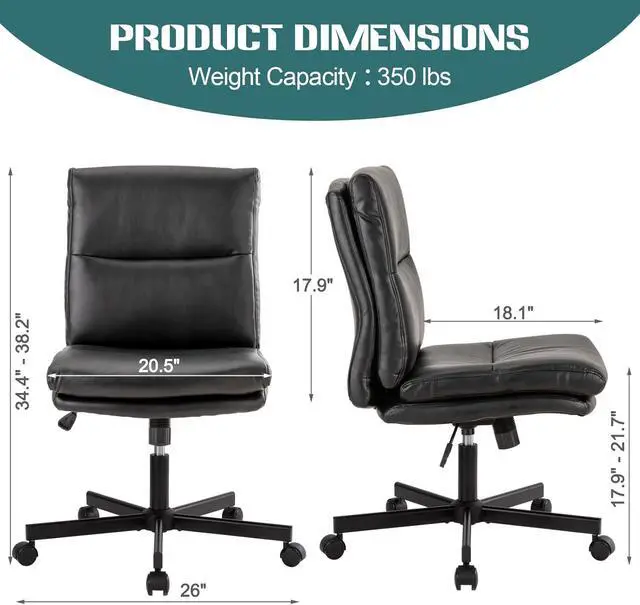 Alt view image 2 of 6 - Armless Office Desk Chair with Wheels, Mid-Back Criss Cross Swivel Task Chair, Height Adjustable Cushioned Vanity Chair, Double Padded PU-Leather Chairs for Home, Office & Bedroom (Black)