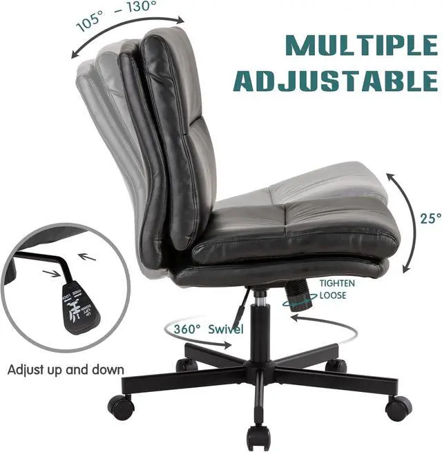 Alt view image 4 of 6 - Armless Office Desk Chair with Wheels, Mid-Back Criss Cross Swivel Task Chair, Height Adjustable Cushioned Vanity Chair, Double Padded PU-Leather Chairs for Home, Office & Bedroom (Black)
