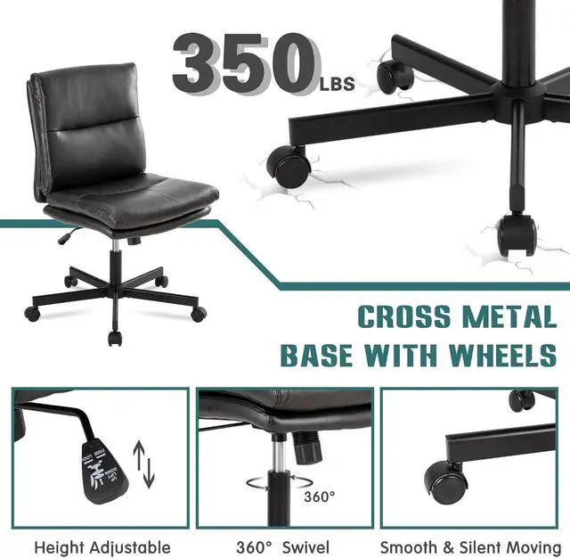 Alt view image 6 of 6 - Armless Office Desk Chair with Wheels, Mid-Back Criss Cross Swivel Task Chair, Height Adjustable Cushioned Vanity Chair, Double Padded PU-Leather Chairs for Home, Office & Bedroom (Black)