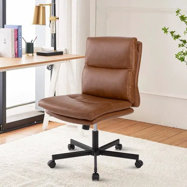 Main image of Armless Office Desk Chair with Wheels, Mid-Back Criss Cross Swivel Task Chair, Height Adjustable Cushioned Vanity Chair, Double Padded PU-Leather Chairs for Home, Office & Bedroom (Brown)