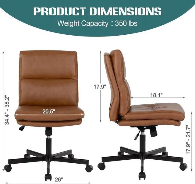 Alt view image 2 of 6 - Armless Office Desk Chair with Wheels, Mid-Back Criss Cross Swivel Task Chair, Height Adjustable Cushioned Vanity Chair, Double Padded PU-Leather Chairs for Home, Office & Bedroom (Brown)