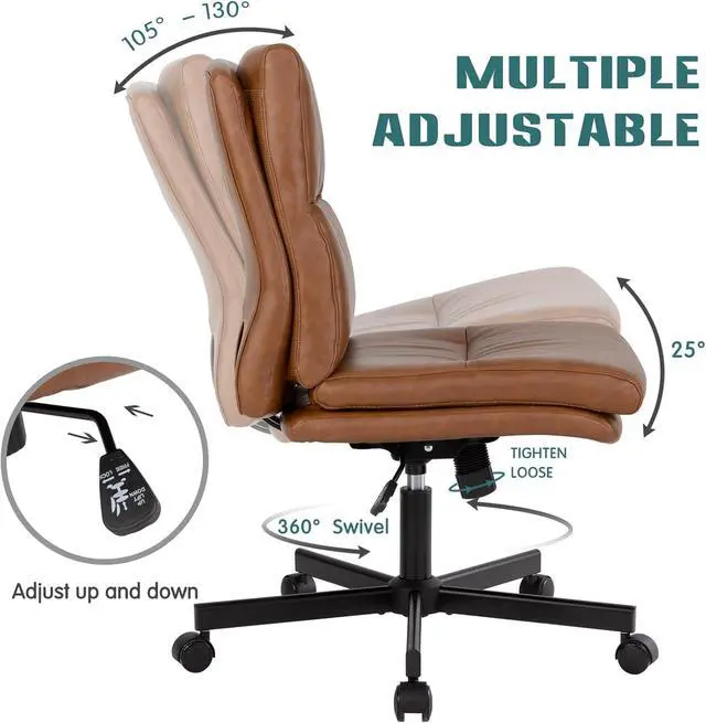 Alt view image 4 of 6 - Armless Office Desk Chair with Wheels, Mid-Back Criss Cross Swivel Task Chair, Height Adjustable Cushioned Vanity Chair, Double Padded PU-Leather Chairs for Home, Office & Bedroom (Brown)