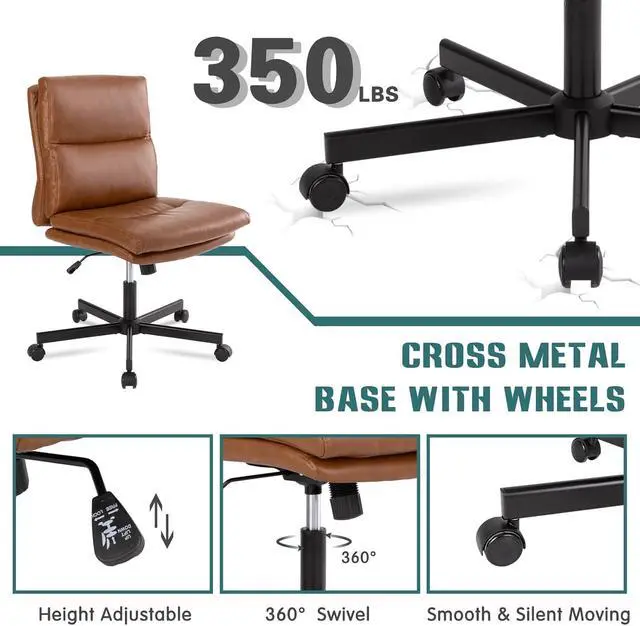 Alt view image 6 of 6 - Armless Office Desk Chair with Wheels, Mid-Back Criss Cross Swivel Task Chair, Height Adjustable Cushioned Vanity Chair, Double Padded PU-Leather Chairs for Home, Office & Bedroom (Brown)
