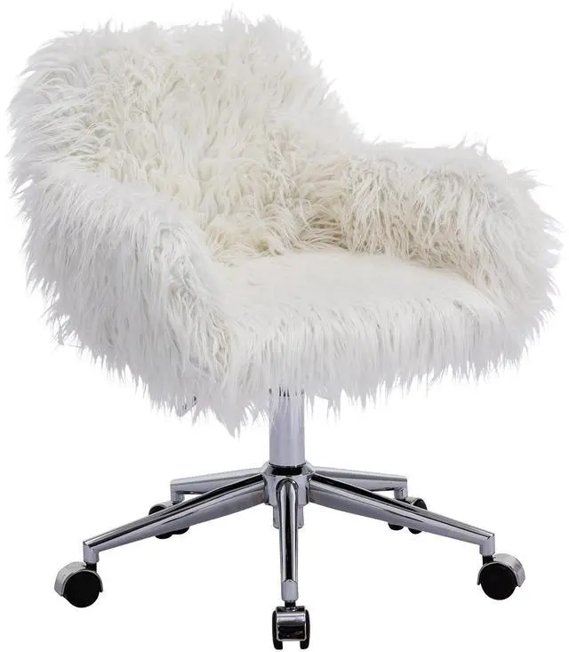 Main image of Fluffy Office Desk Chair, Faux Fur Modern Swivel Armchair with Wheels, Soft Comfy Fuzzy Elegant Accent Makeup Vanity Chairs for Women Girls, Home Living Dressing Room Bedroom, White