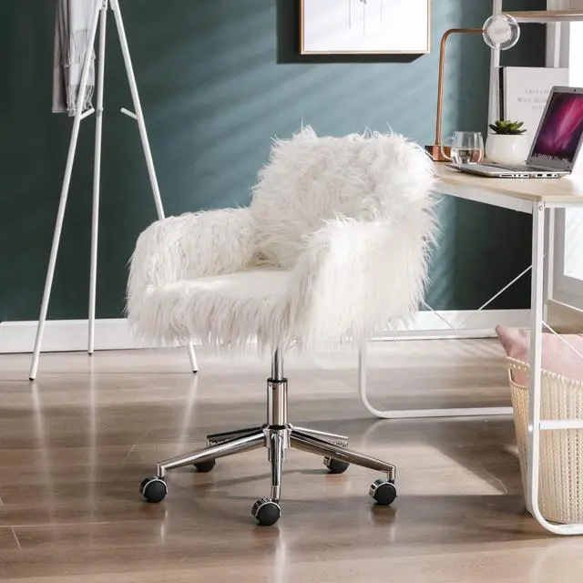 Alt view image 2 of 6 - Fluffy Office Desk Chair, Faux Fur Modern Swivel Armchair with Wheels, Soft Comfy Fuzzy Elegant Accent Makeup Vanity Chairs for Women Girls, Home Living Dressing Room Bedroom, White