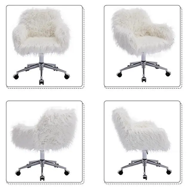 Alt view image 6 of 6 - Fluffy Office Desk Chair, Faux Fur Modern Swivel Armchair with Wheels, Soft Comfy Fuzzy Elegant Accent Makeup Vanity Chairs for Women Girls, Home Living Dressing Room Bedroom, White