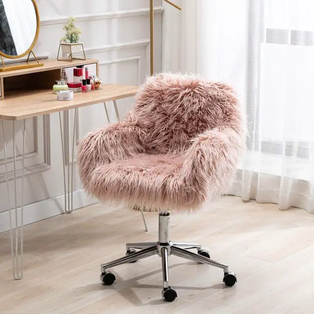 Alt view image 2 of 6 - Fluffy Office Desk Chair, Faux Fur Modern Swivel Armchair with Wheels, Soft Comfy Fuzzy Elegant Accent Makeup Vanity Chairs for Women Girls, Home Living Dressing Room Bedroom, Pink