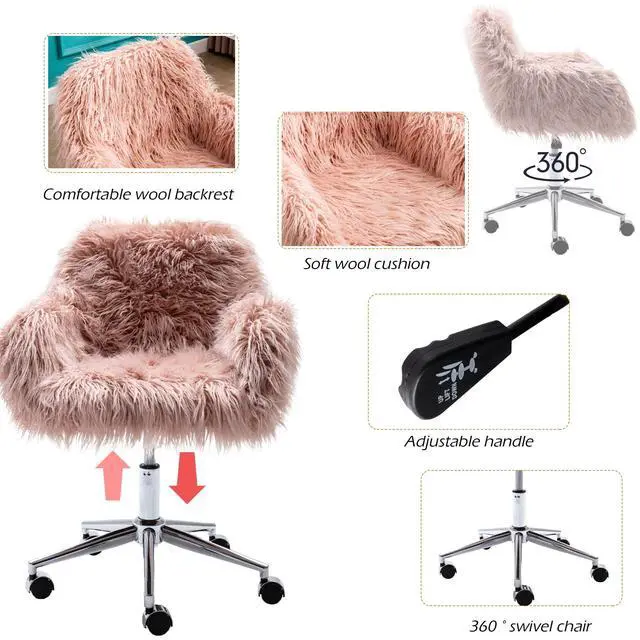 Alt view image 4 of 6 - Fluffy Office Desk Chair, Faux Fur Modern Swivel Armchair with Wheels, Soft Comfy Fuzzy Elegant Accent Makeup Vanity Chairs for Women Girls, Home Living Dressing Room Bedroom, Pink