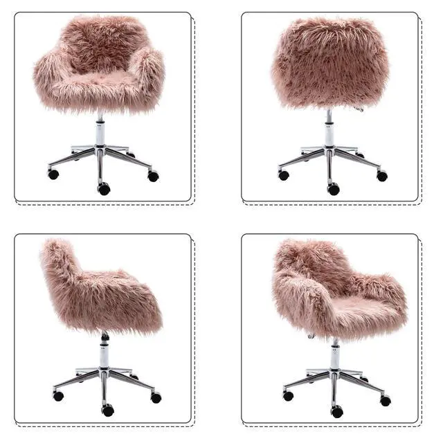 Alt view image 6 of 6 - Fluffy Office Desk Chair, Faux Fur Modern Swivel Armchair with Wheels, Soft Comfy Fuzzy Elegant Accent Makeup Vanity Chairs for Women Girls, Home Living Dressing Room Bedroom, Pink