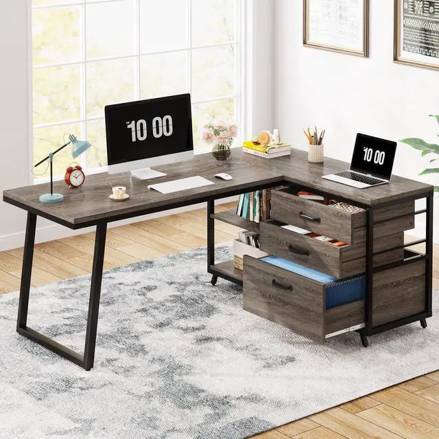 Main image of L-Shaped Desk with 3 Drawers, Reversible Corner Home Office Computer Desk with Shelves, 53-Inch Industrial PC Desk Study Writing Table Workstation for Small Space, Grey
