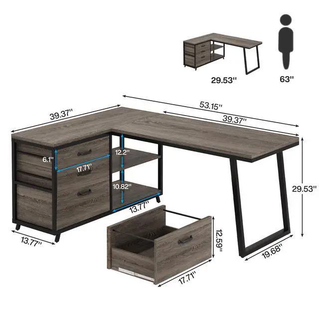 Alt view image 2 of 6 - L-Shaped Desk with 3 Drawers, Reversible Corner Home Office Computer Desk with Shelves, 53-Inch Industrial PC Desk Study Writing Table Workstation for Small Space, Grey