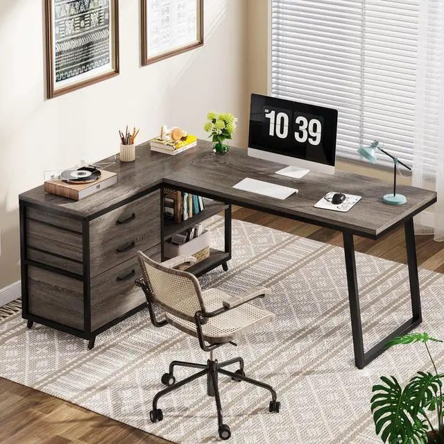 Alt view image 3 of 6 - L-Shaped Desk with 3 Drawers, Reversible Corner Home Office Computer Desk with Shelves, 53-Inch Industrial PC Desk Study Writing Table Workstation for Small Space, Grey
