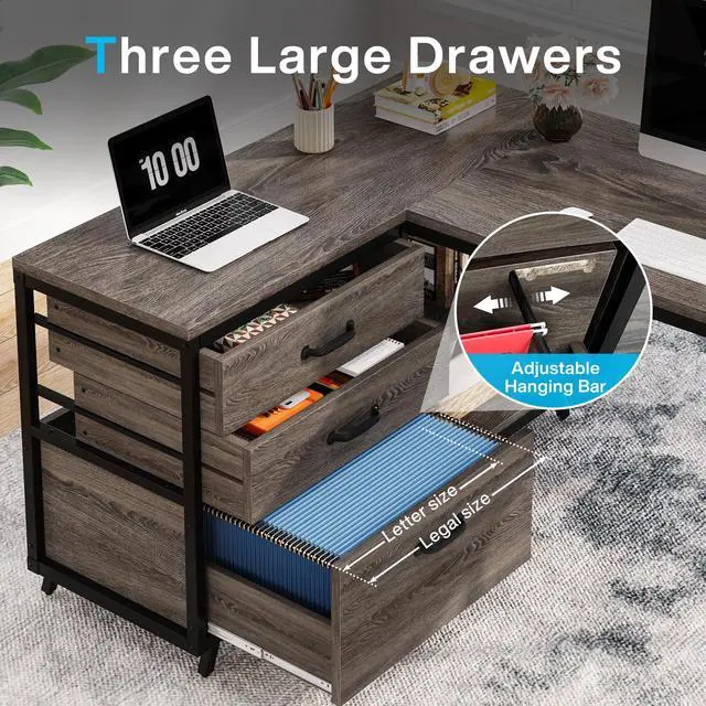Alt view image 4 of 6 - L-Shaped Desk with 3 Drawers, Reversible Corner Home Office Computer Desk with Shelves, 53-Inch Industrial PC Desk Study Writing Table Workstation for Small Space, Grey
