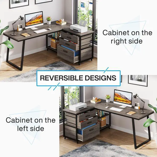 Alt view image 5 of 6 - L-Shaped Desk with 3 Drawers, Reversible Corner Home Office Computer Desk with Shelves, 53-Inch Industrial PC Desk Study Writing Table Workstation for Small Space, Grey