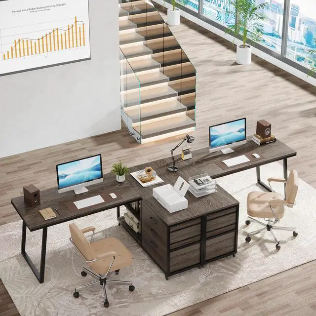 Alt view image 6 of 6 - L-Shaped Desk with 3 Drawers, Reversible Corner Home Office Computer Desk with Shelves, 53-Inch Industrial PC Desk Study Writing Table Workstation for Small Space, Grey