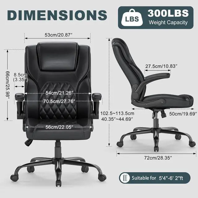 Alt view image 2 of 6 - Executive Office Chair, Comfy Ergonomic Computer Desk Chairs with Flip-up Armrests, Lumbar Support, High Back, 360° Swivel and Rocking Function for Home Office