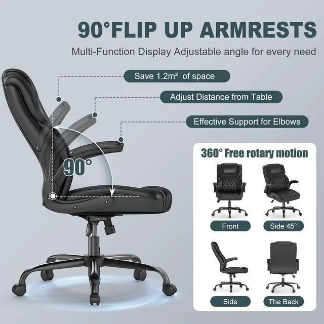 Alt view image 3 of 6 - Executive Office Chair, Comfy Ergonomic Computer Desk Chairs with Flip-up Armrests, Lumbar Support, High Back, 360° Swivel and Rocking Function for Home Office