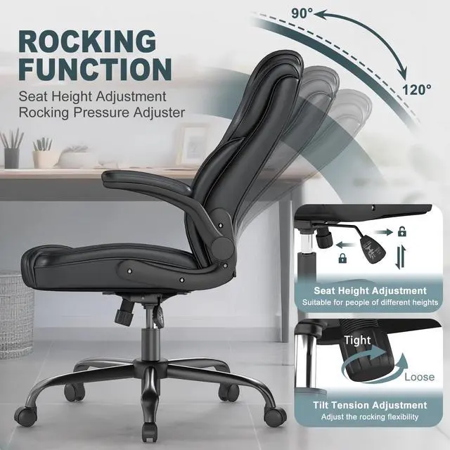Alt view image 4 of 6 - Executive Office Chair, Comfy Ergonomic Computer Desk Chairs with Flip-up Armrests, Lumbar Support, High Back, 360° Swivel and Rocking Function for Home Office