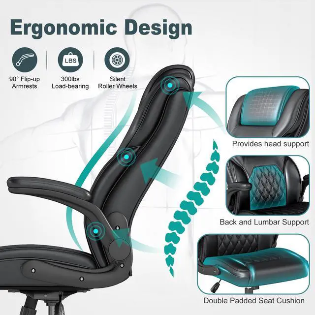 Alt view image 5 of 6 - Executive Office Chair, Comfy Ergonomic Computer Desk Chairs with Flip-up Armrests, Lumbar Support, High Back, 360° Swivel and Rocking Function for Home Office