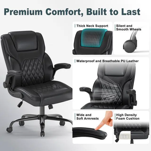 Alt view image 6 of 6 - Executive Office Chair, Comfy Ergonomic Computer Desk Chairs with Flip-up Armrests, Lumbar Support, High Back, 360° Swivel and Rocking Function for Home Office
