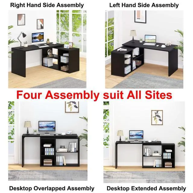 Alt view image 3 of 6 - Black L Shaped Computer Desk, Corner Desk with Storage Cabinet Shelves, Reversible Industrial Wood Executive Workstation, L-Shaped Home Office Table for Work Study Writing Gaming, 55 Inch
