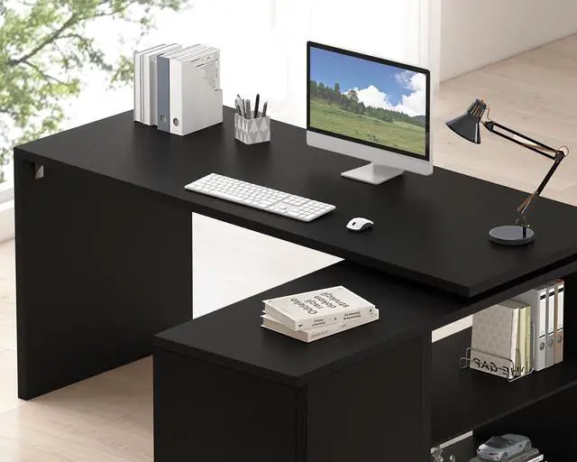 Alt view image 4 of 6 - Black L Shaped Computer Desk, Corner Desk with Storage Cabinet Shelves, Reversible Industrial Wood Executive Workstation, L-Shaped Home Office Table for Work Study Writing Gaming, 55 Inch