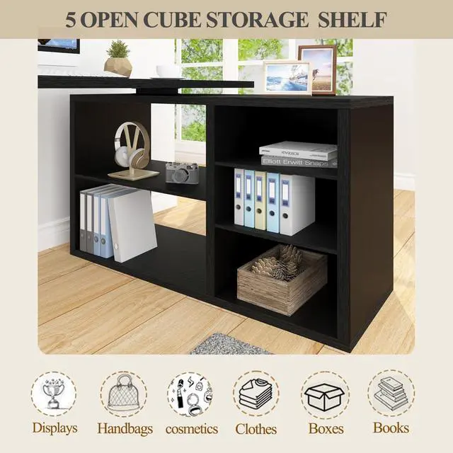 Alt view image 5 of 6 - Black L Shaped Computer Desk, Corner Desk with Storage Cabinet Shelves, Reversible Industrial Wood Executive Workstation, L-Shaped Home Office Table for Work Study Writing Gaming, 55 Inch
