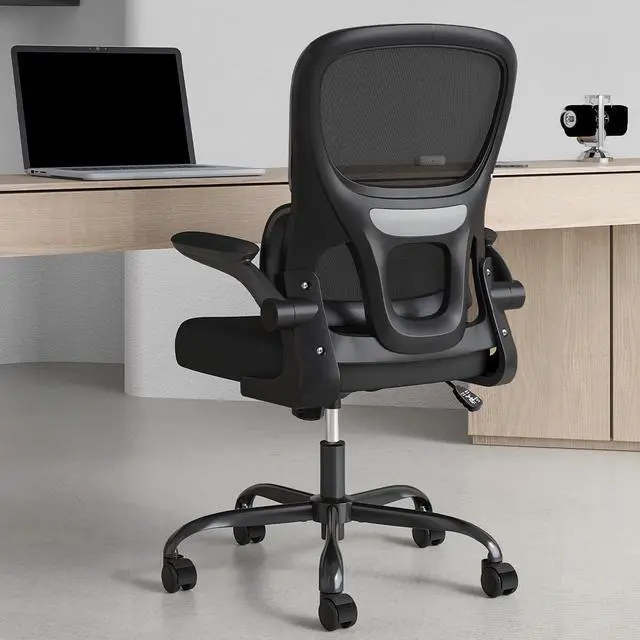 Main image of Office Chair, Mesh Ergonomic Office Chair with Lumbar Support, Comfy Swivel Computer Desk Chair with Flip Armrest Rolling Wheels for Home Study Room Office, Black & Black
