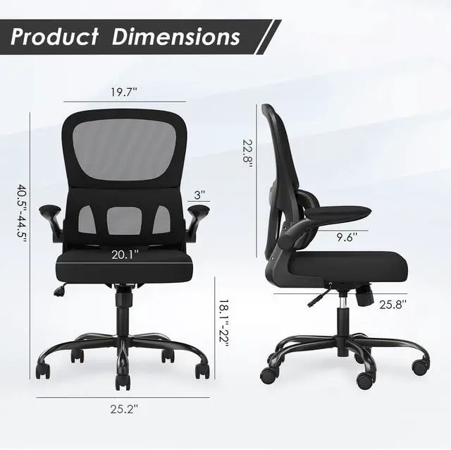 Alt view image 2 of 6 - Office Chair, Mesh Ergonomic Office Chair with Lumbar Support, Comfy Swivel Computer Desk Chair with Flip Armrest Rolling Wheels for Home Study Room Office, Black & Black