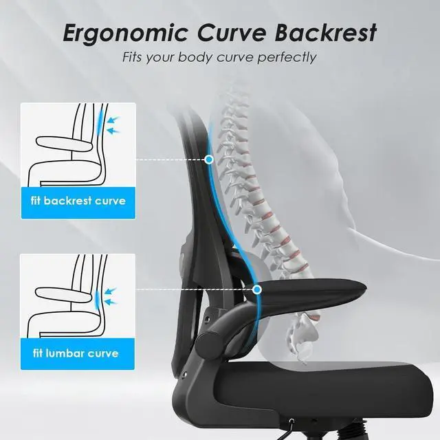 Alt view image 5 of 6 - Office Chair, Mesh Ergonomic Office Chair with Lumbar Support, Comfy Swivel Computer Desk Chair with Flip Armrest Rolling Wheels for Home Study Room Office, Black & Black