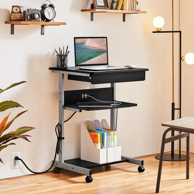 Alt view image 2 of 6 - 22 in Laptop Computer Table Home Office Desk with Power Outlet for Small Space, Mobile Compact Corner Workstation with Charging Station and USB Ports on Wheels, Student Writing Table, Black