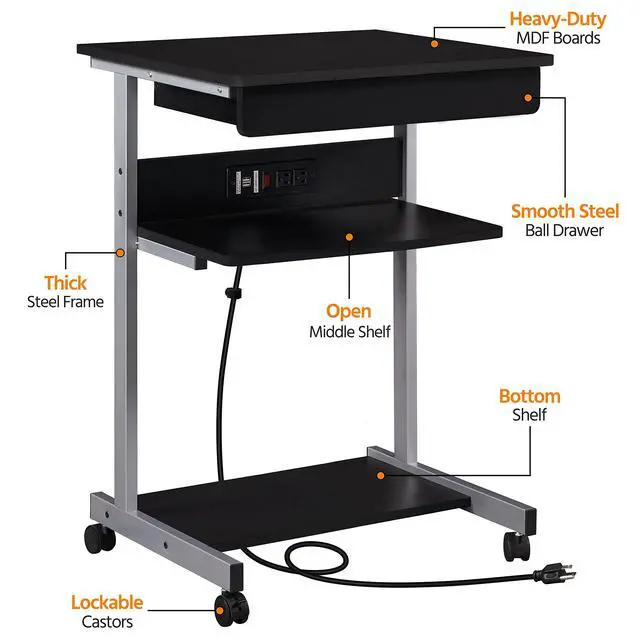 Alt view image 3 of 6 - 22 in Laptop Computer Table Home Office Desk with Power Outlet for Small Space, Mobile Compact Corner Workstation with Charging Station and USB Ports on Wheels, Student Writing Table, Black
