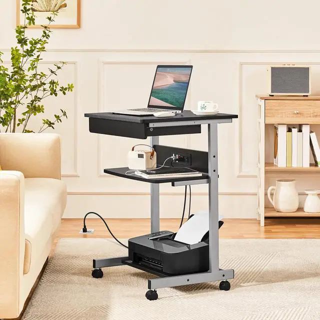 Alt view image 4 of 6 - 22 in Laptop Computer Table Home Office Desk with Power Outlet for Small Space, Mobile Compact Corner Workstation with Charging Station and USB Ports on Wheels, Student Writing Table, Black